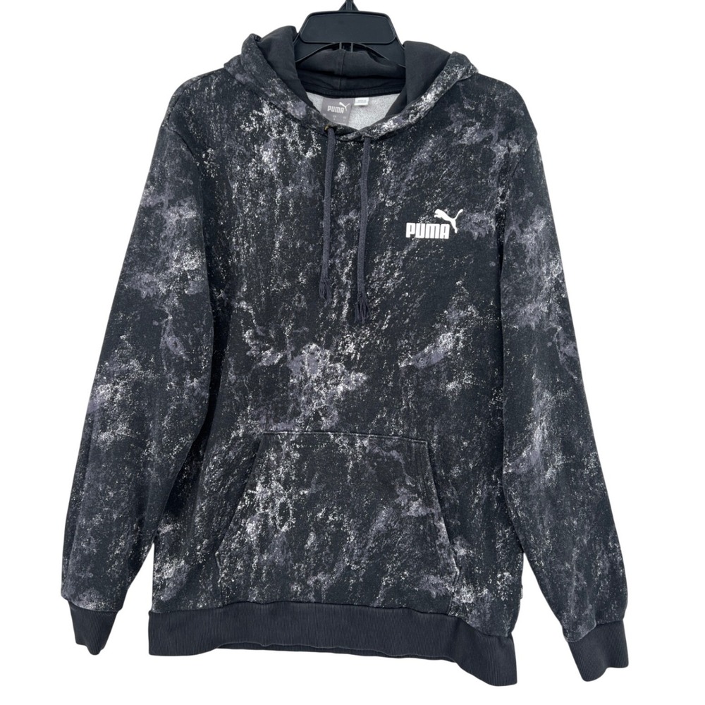 Puma Grunge Marble Acid Wash Hoodie Size L Black White Fleece Pullover Skater